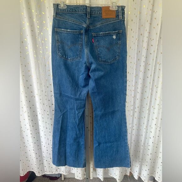 Levi's 70s Inspired High Rise Slim Fit Medium Wash Raw Edge Flare Denim Jeans 28 - Picture 6 of 13